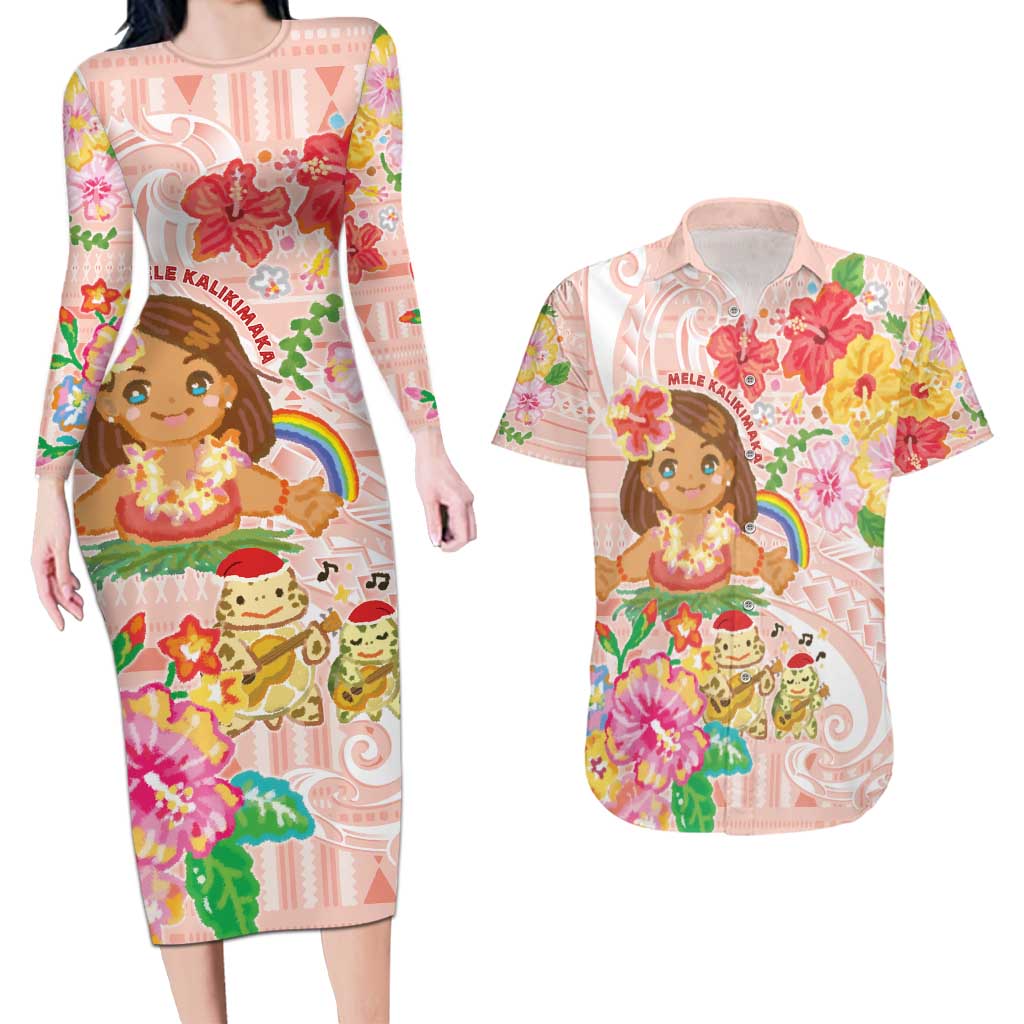 Aloha Hawaii Couples Matching Long Sleeve Bodycon Dress and Hawaiian Shirt Kawaii Mele Kalikimaka - Pastel Fever