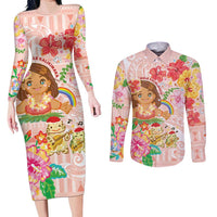 Aloha Hawaii Couples Matching Long Sleeve Bodycon Dress and Long Sleeve Button Shirt Kawaii Mele Kalikimaka - Pastel Fever