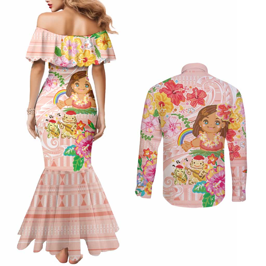 Aloha Hawaii Couples Matching Mermaid Dress and Long Sleeve Button Shirt Kawaii Mele Kalikimaka - Pastel Fever