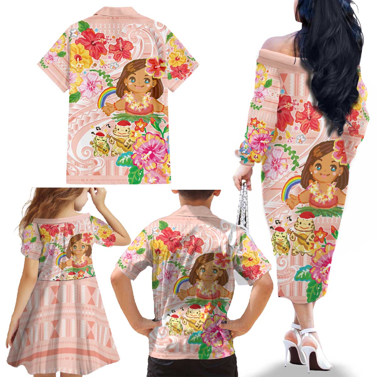 Aloha Hawaii Family Matching Off The Shoulder Long Sleeve Dress and Hawaiian Shirt Kawaii Mele Kalikimaka - Pastel Fever