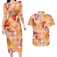 Orange Palaka Hawaii Aloha Couples Matching Long Sleeve Bodycon Dress and Hawaiian Shirt Koi Pond Mix Japanese Maple - Polynesian Pride