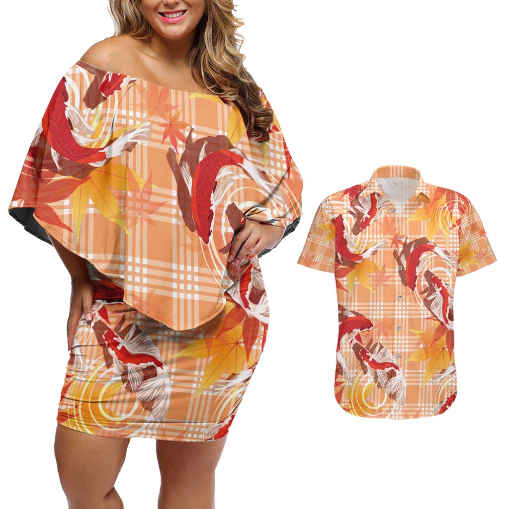 Orange Palaka Hawaii Aloha Couples Matching Off Shoulder Short Dress and Hawaiian Shirt Koi Pond Mix Japanese Maple - Polynesian Pride
