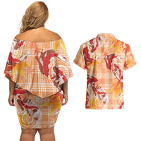 Orange Palaka Hawaii Aloha Couples Matching Off Shoulder Short Dress and Hawaiian Shirt Koi Pond Mix Japanese Maple - Polynesian Pride