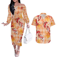 Orange Palaka Hawaii Aloha Couples Matching Off The Shoulder Long Sleeve Dress and Hawaiian Shirt Koi Pond Mix Japanese Maple - Polynesian Pride