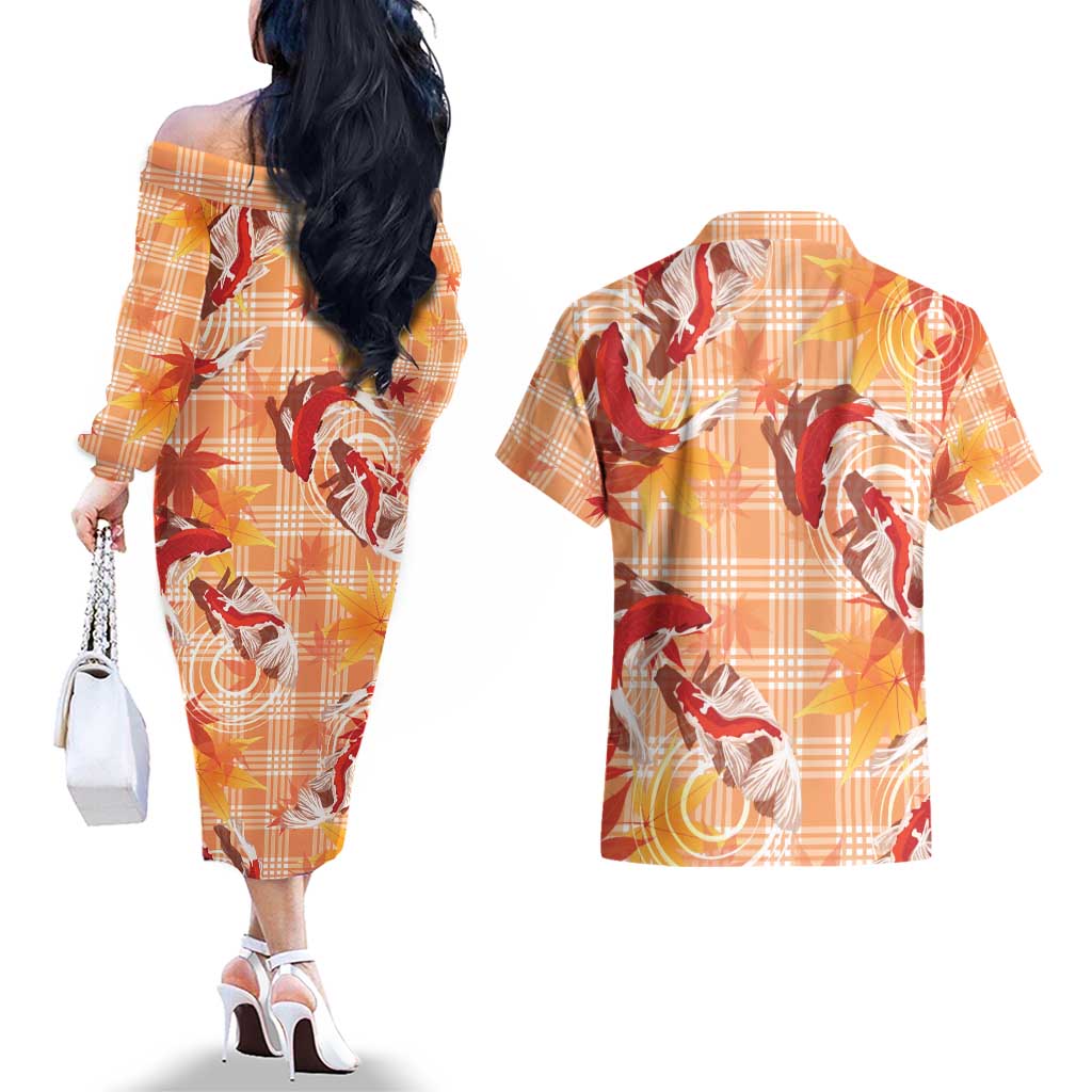 Orange Palaka Hawaii Aloha Couples Matching Off The Shoulder Long Sleeve Dress and Hawaiian Shirt Koi Pond Mix Japanese Maple - Polynesian Pride