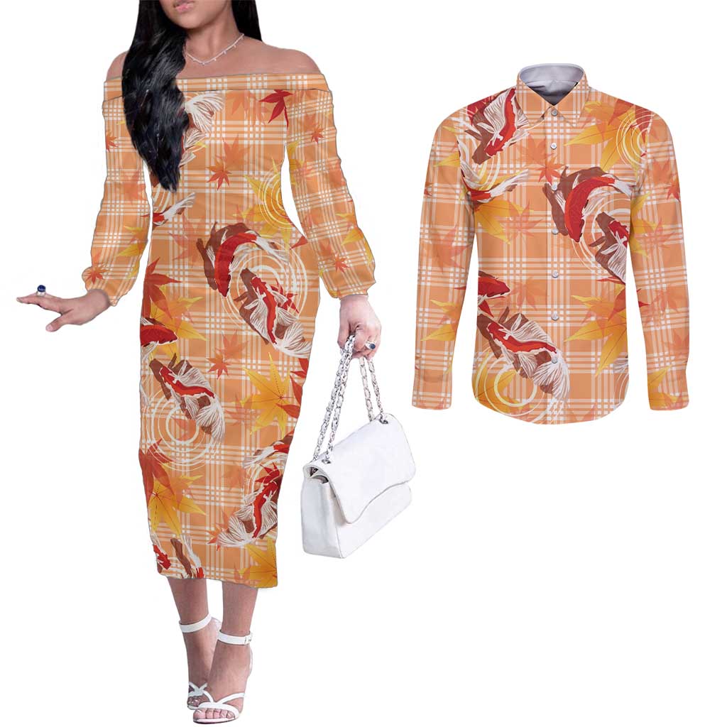 Orange Palaka Hawaii Aloha Couples Matching Off The Shoulder Long Sleeve Dress and Long Sleeve Button Shirt Koi Pond Mix Japanese Maple - Polynesian Pride