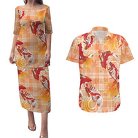 Orange Palaka Hawaii Aloha Couples Matching Puletasi and Hawaiian Shirt Koi Pond Mix Japanese Maple LT7 Orange - Polynesian Pride
