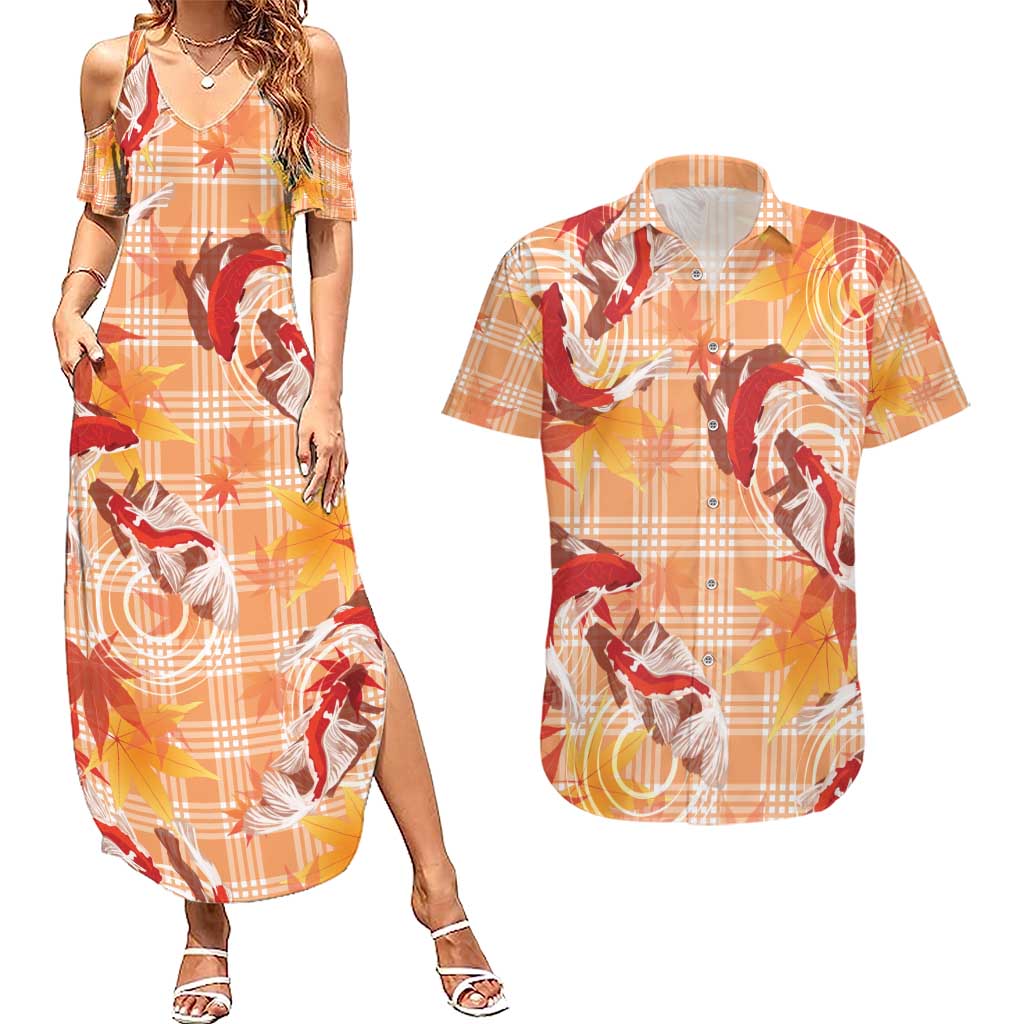 Orange Palaka Hawaii Aloha Couples Matching Summer Maxi Dress and Hawaiian Shirt Koi Pond Mix Japanese Maple - Polynesian Pride
