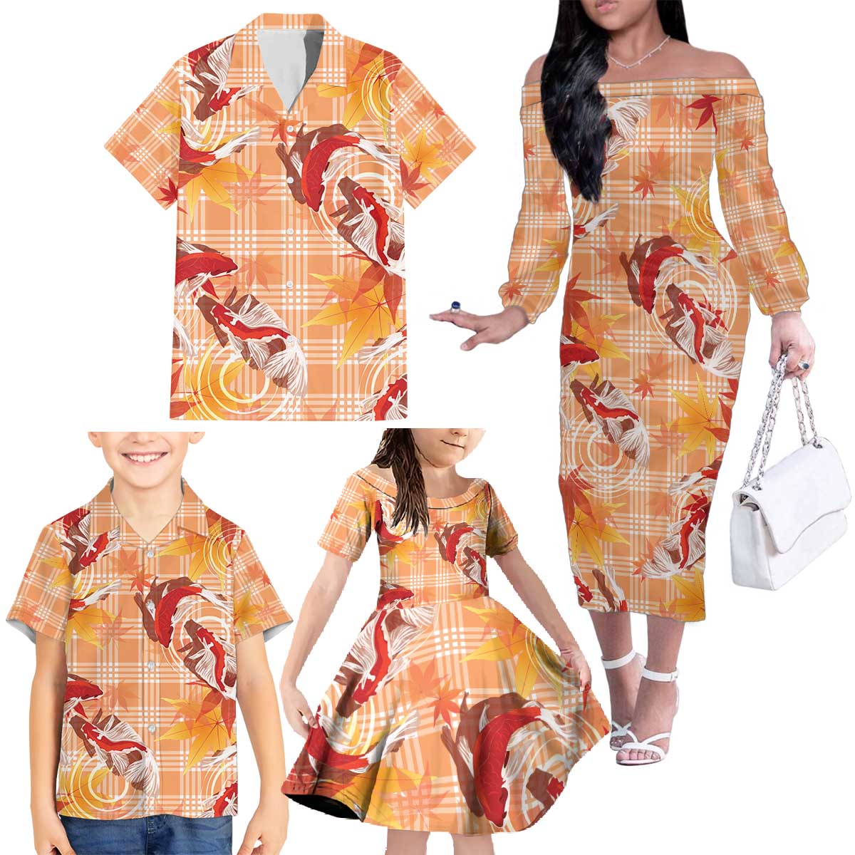 Orange Palaka Hawaii Aloha Family Matching Off The Shoulder Long Sleeve Dress and Hawaiian Shirt Koi Pond Mix Japanese Maple - Polynesian Pride