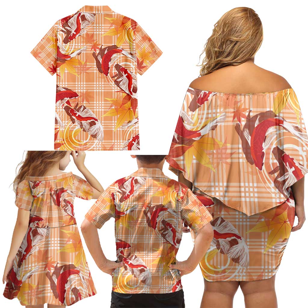 Orange Palaka Hawaii Aloha Family Matching Off Shoulder Short Dress and Hawaiian Shirt Koi Pond Mix Japanese Maple - Polynesian Pride