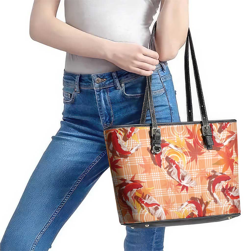 Orange Palaka Hawaii Aloha Leather Tote Bag Koi Pond Mix Japanese Maple - Polynesian Pride