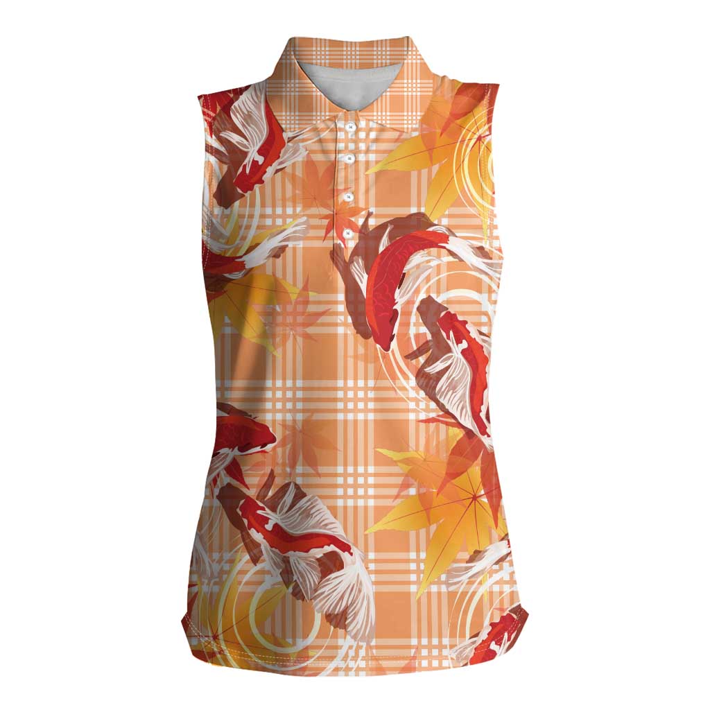 Orange Palaka Hawaii Aloha Women Sleeveless Polo Shirt Koi Pond Mix Japanese Maple - Polynesian Pride