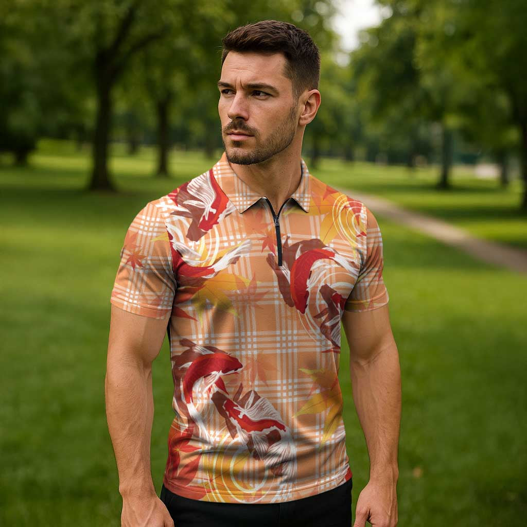 Orange Palaka Hawaii Aloha Zipper Polo Shirt Koi Pond Mix Japanese Maple - Polynesian Pride