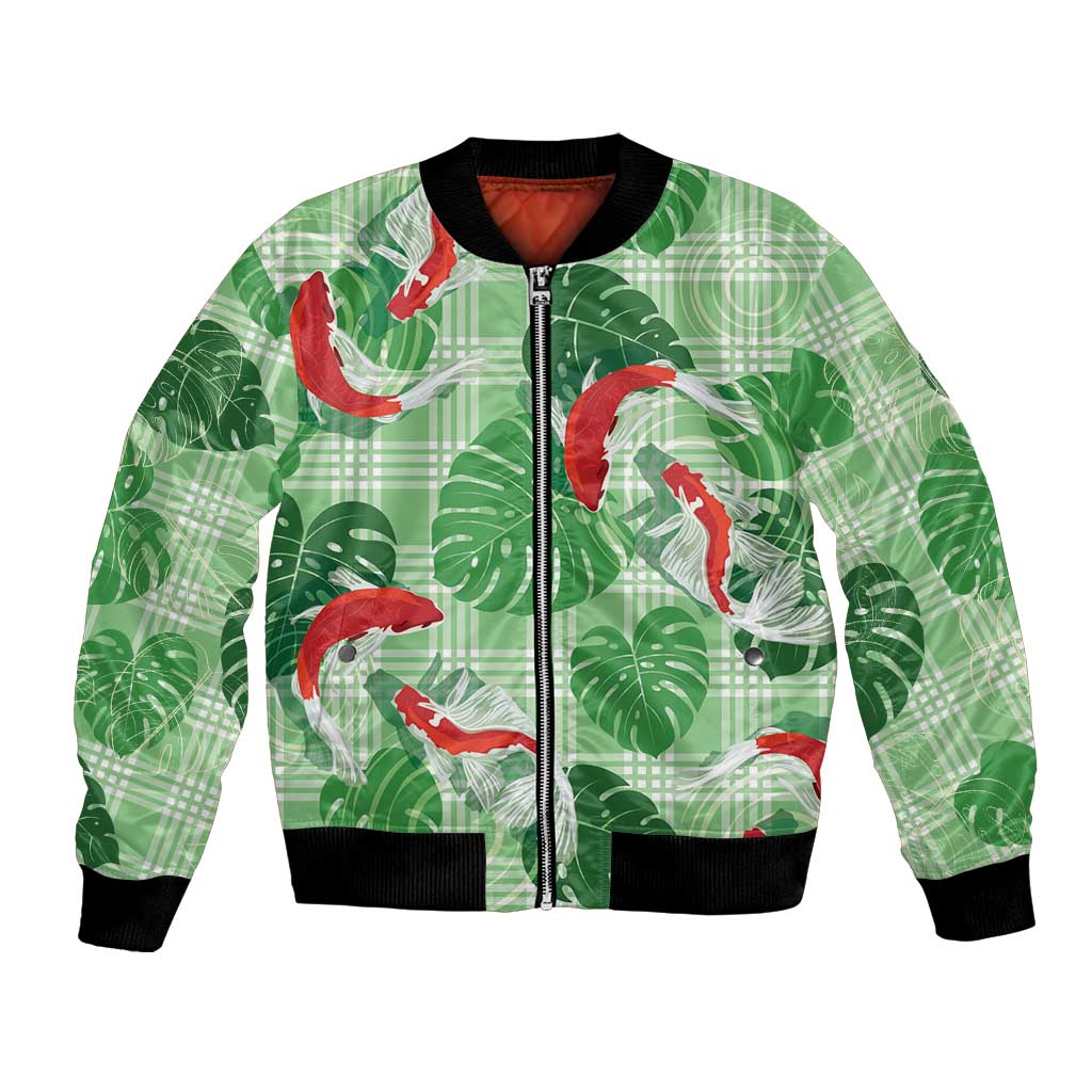 Lime Palaka Hawaii Aloha Bomber Jacket Koi Pond Mix Monstera - Polynesian Pride