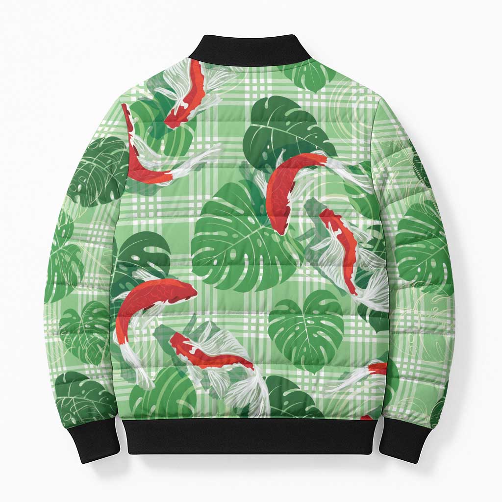 Lime Palaka Hawaii Aloha Bomber Puffer Jacket Koi Pond Mix Monstera - Polynesian Pride