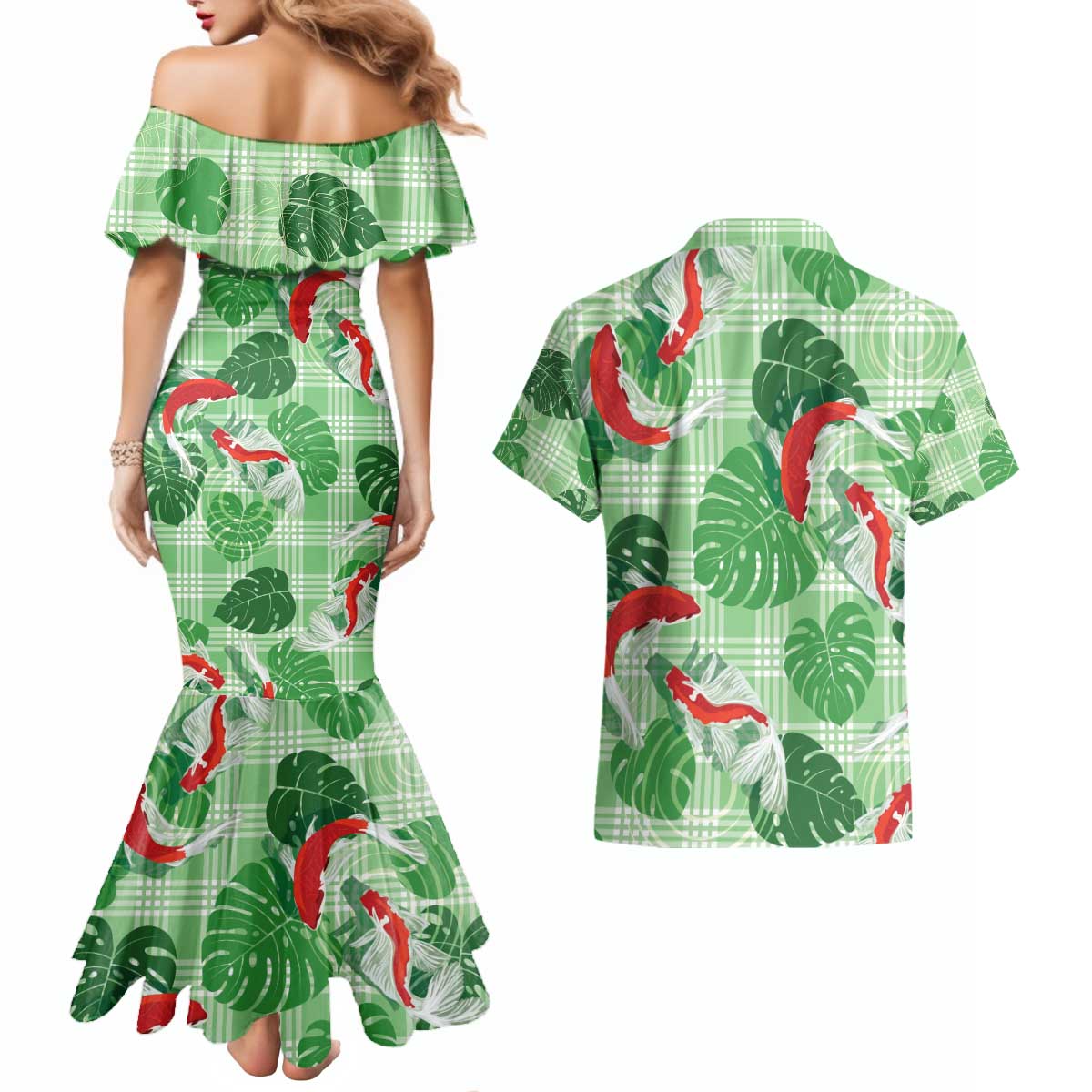 Lime Palaka Hawaii Aloha Couples Matching Mermaid Dress and Hawaiian Shirt Koi Pond Mix Monstera - Polynesian Pride