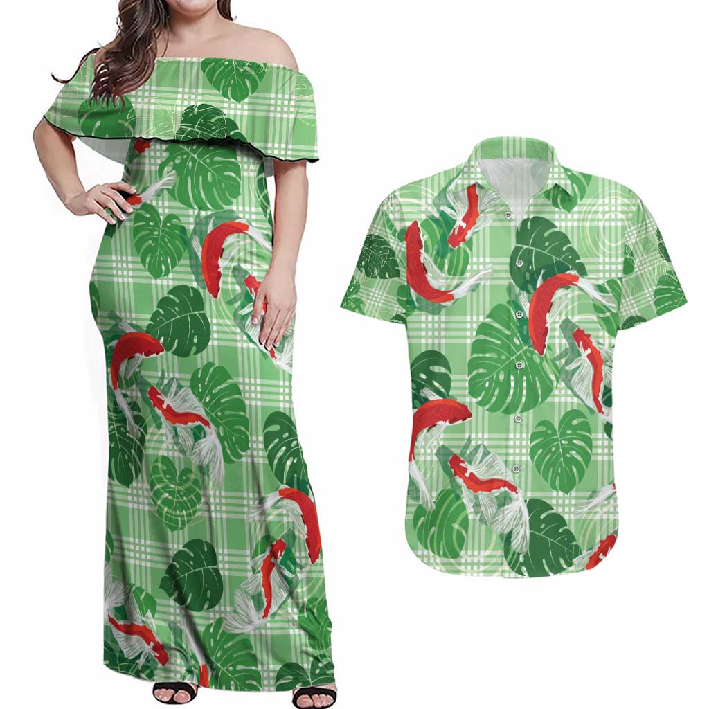 Lime Palaka Hawaii Aloha Couples Matching Off Shoulder Maxi Dress and Hawaiian Shirt Koi Pond Mix Monstera - Polynesian Pride