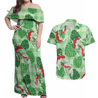 Lime Palaka Hawaii Aloha Couples Matching Off Shoulder Maxi Dress and Hawaiian Shirt Koi Pond Mix Monstera - Polynesian Pride