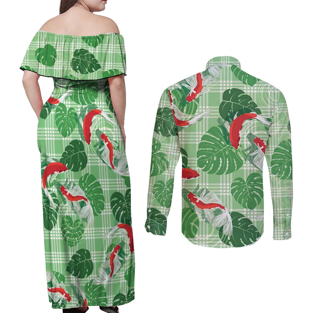 Lime Palaka Hawaii Aloha Couples Matching Off Shoulder Maxi Dress and Long Sleeve Button Shirt Koi Pond Mix Monstera - Polynesian Pride
