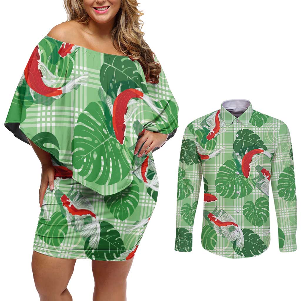 Lime Palaka Hawaii Aloha Couples Matching Off Shoulder Short Dress and Long Sleeve Button Shirt Koi Pond Mix Monstera - Polynesian Pride