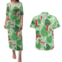 Lime Palaka Hawaii Aloha Couples Matching Puletasi and Hawaiian Shirt Koi Pond Mix Monstera - Polynesian Pride