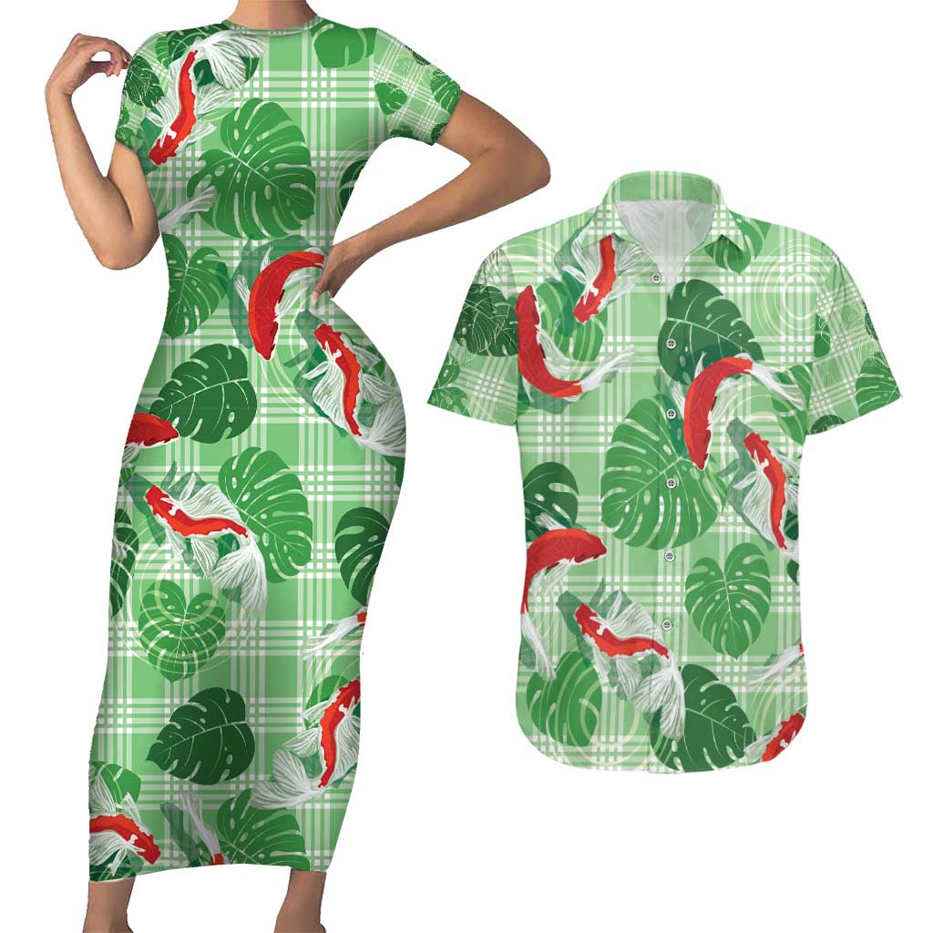 Lime Palaka Hawaii Aloha Couples Matching Short Sleeve Bodycon Dress and Hawaiian Shirt Koi Pond Mix Monstera - Polynesian Pride