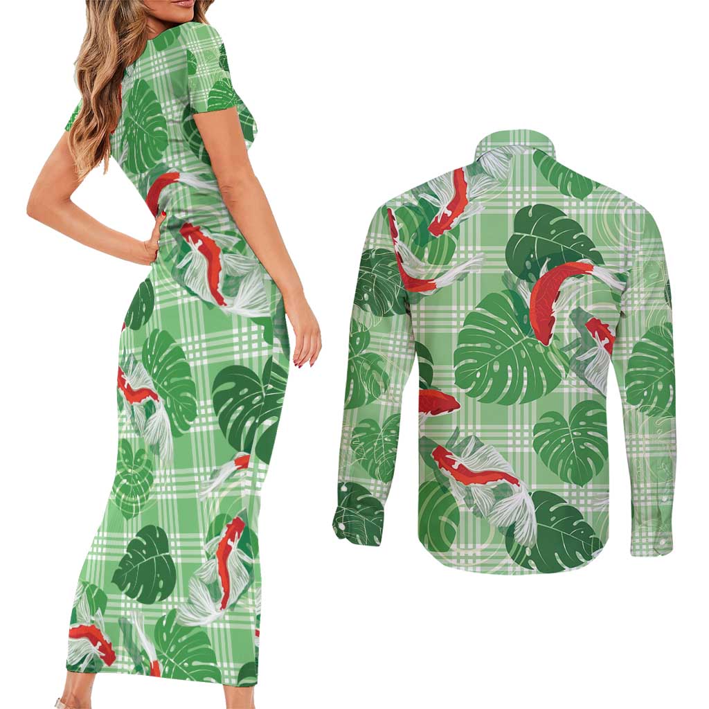 Lime Palaka Hawaii Aloha Couples Matching Short Sleeve Bodycon Dress and Long Sleeve Button Shirt Koi Pond Mix Monstera - Polynesian Pride