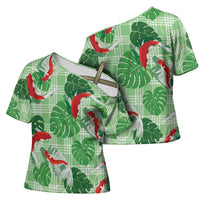 Lime Palaka Hawaii Aloha Cross Shoulder Shirt Koi Pond Mix Monstera - Polynesian Pride