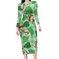 Lime Palaka Hawaii Aloha Family Matching Long Sleeve Bodycon Dress and Hawaiian Shirt Koi Pond Mix Monstera - Polynesian Pride