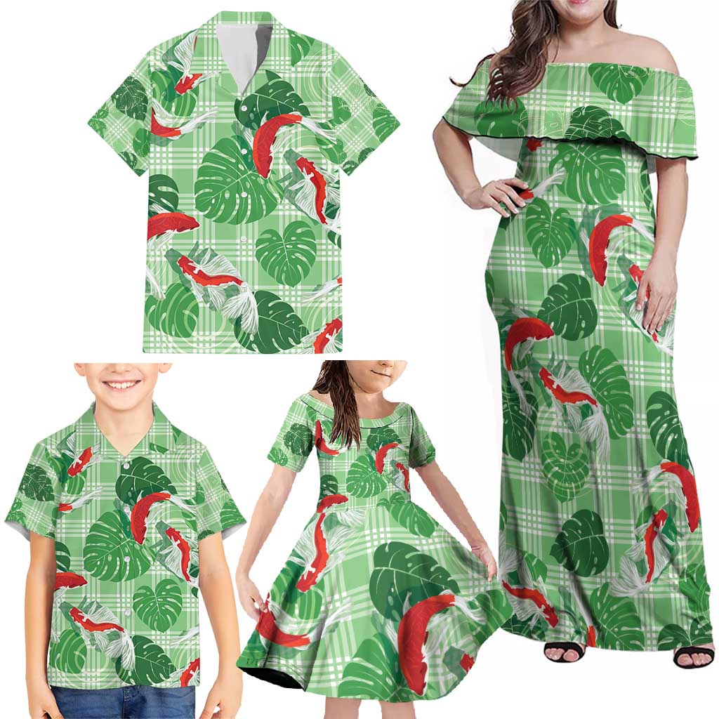 Lime Palaka Hawaii Aloha Family Matching Off Shoulder Maxi Dress and Hawaiian Shirt Koi Pond Mix Monstera - Polynesian Pride