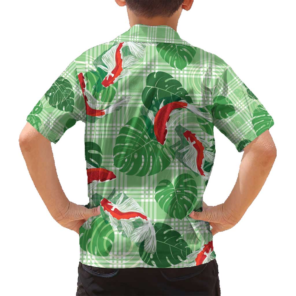 Lime Palaka Hawaii Aloha Family Matching Off Shoulder Short Dress and Hawaiian Shirt Koi Pond Mix Monstera - Polynesian Pride