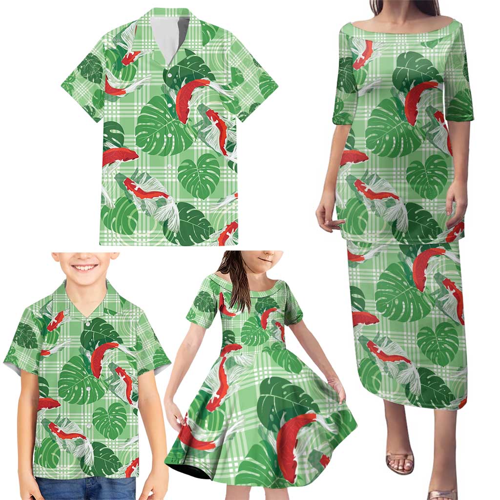 Lime Palaka Hawaii Aloha Family Matching Puletasi and Hawaiian Shirt Koi Pond Mix Monstera - Polynesian Pride