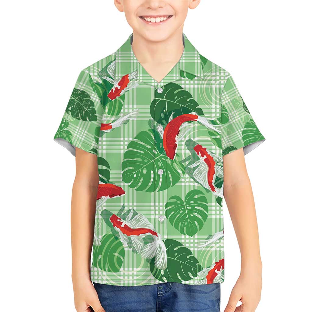 Lime Palaka Hawaii Aloha Family Matching Short Sleeve Bodycon Dress and Hawaiian Shirt Koi Pond Mix Monstera - Polynesian Pride