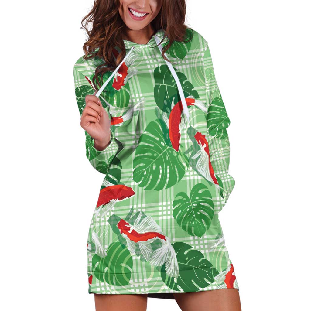 Lime Palaka Hawaii Aloha Hoodie Dress Koi Pond Mix Monstera - Polynesian Pride