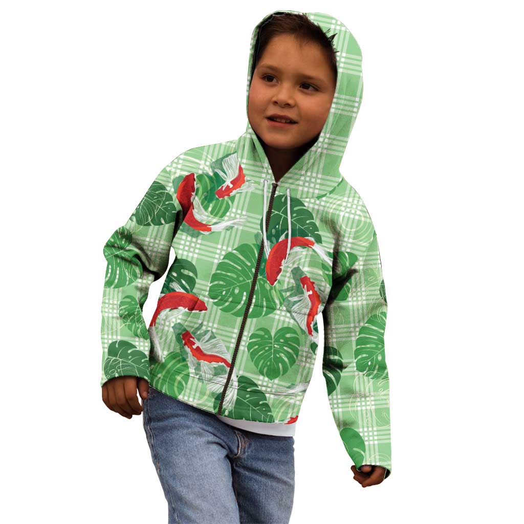 Lime Palaka Hawaii Aloha Kid Hoodie Koi Pond Mix Monstera - Polynesian Pride
