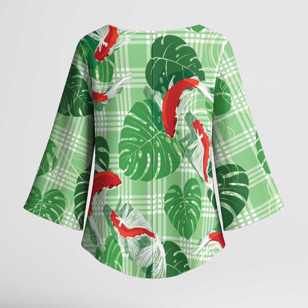 Lime Palaka Hawaii Aloha Kimono Sleeve Blouse Koi Pond Mix Monstera - Polynesian Pride