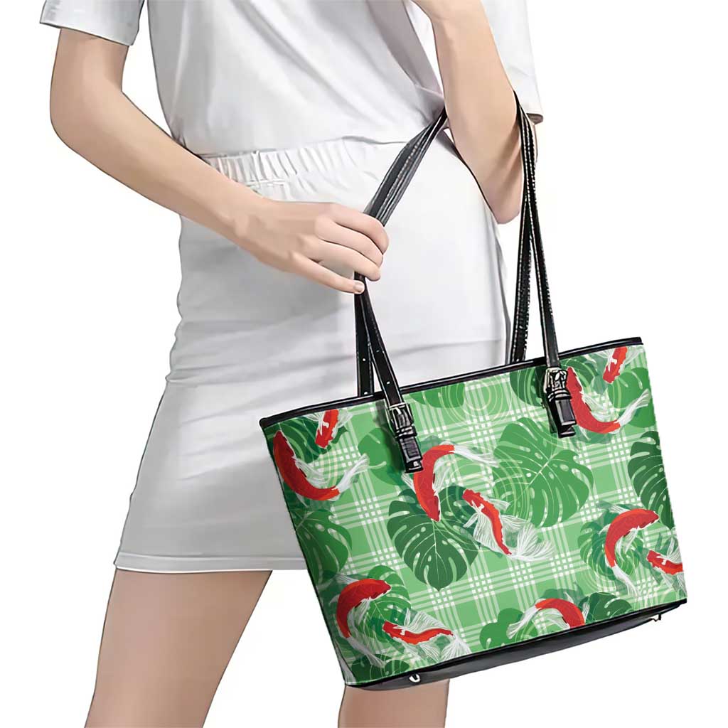 Lime Palaka Hawaii Aloha Leather Tote Bag Koi Pond Mix Monstera - Polynesian Pride