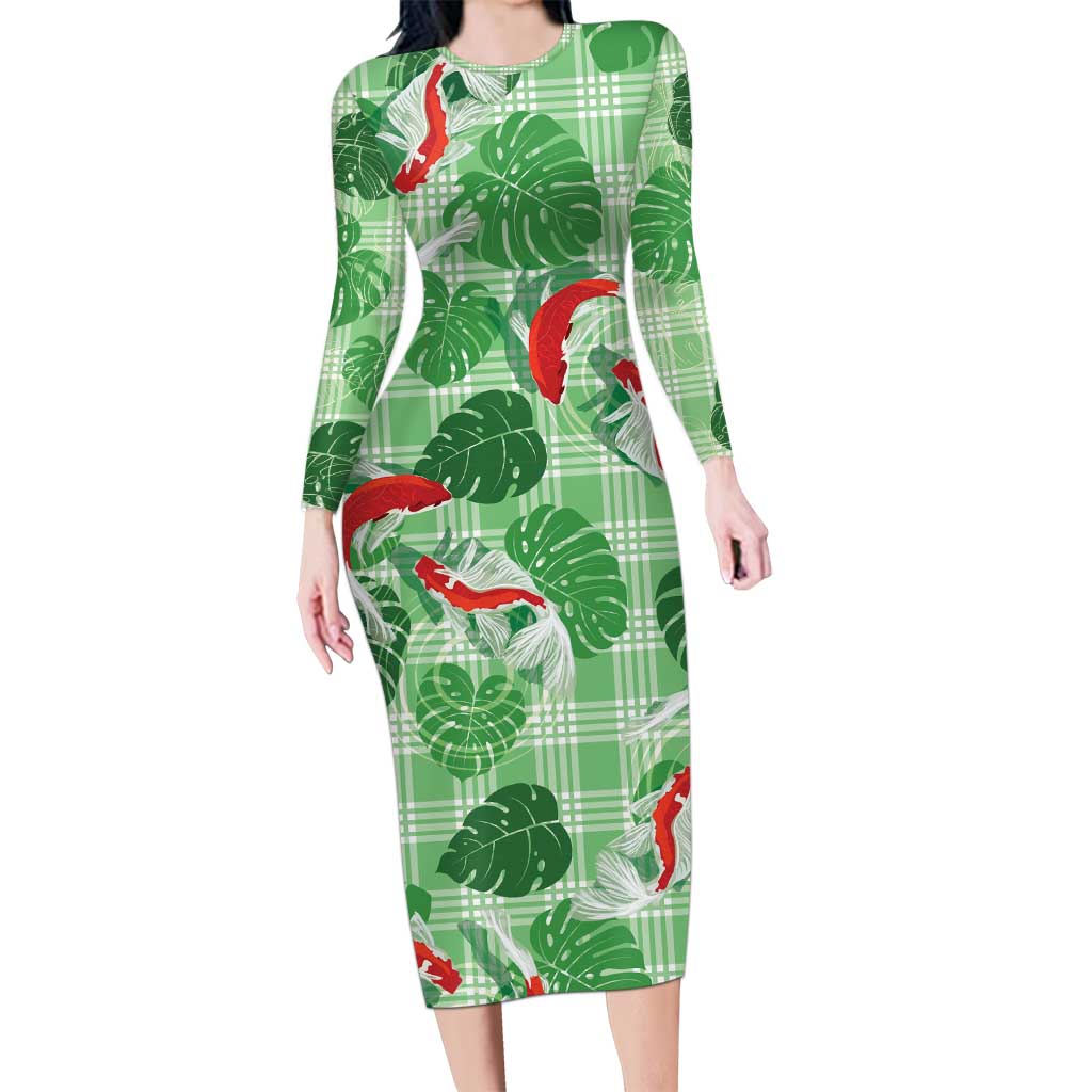 Lime Palaka Hawaii Aloha Long Sleeve Bodycon Dress Koi Pond Mix Monstera - Polynesian Pride
