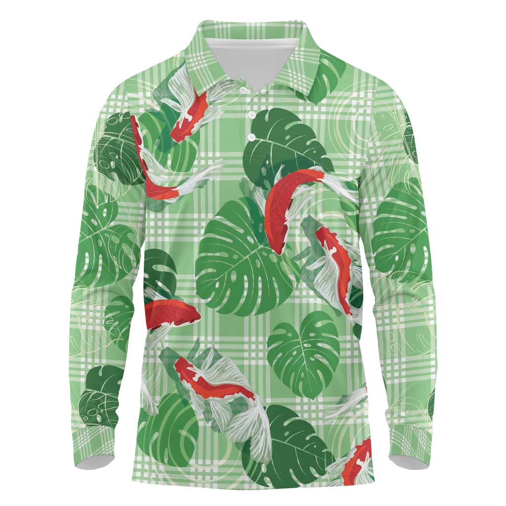 Lime Palaka Hawaii Aloha Long Sleeve Polo Shirt Koi Pond Mix Monstera - Polynesian Pride