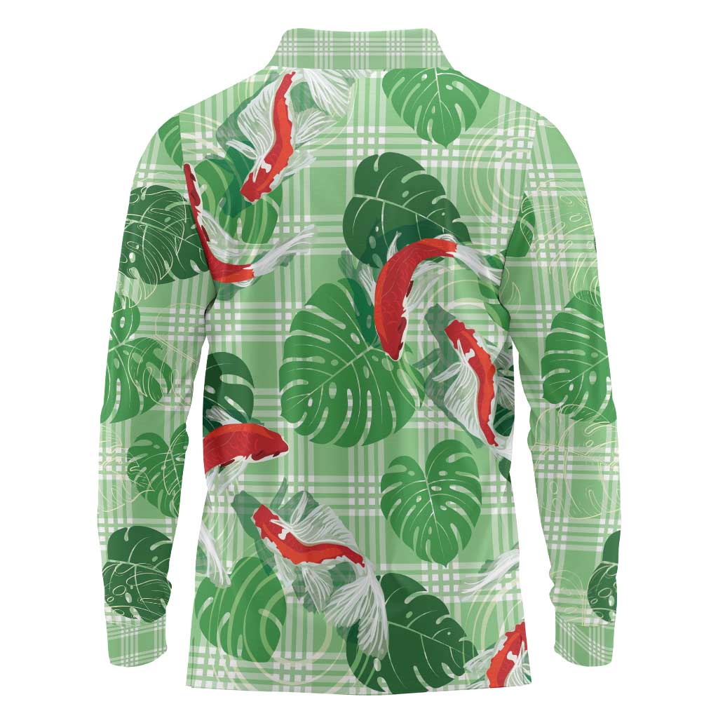 Lime Palaka Hawaii Aloha Long Sleeve Polo Shirt Koi Pond Mix Monstera - Polynesian Pride
