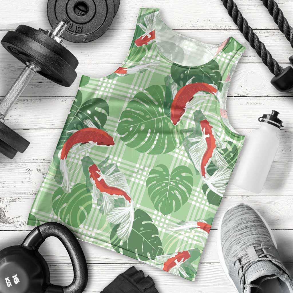 Lime Palaka Hawaii Aloha Men Tank Top Koi Pond Mix Monstera - Polynesian Pride