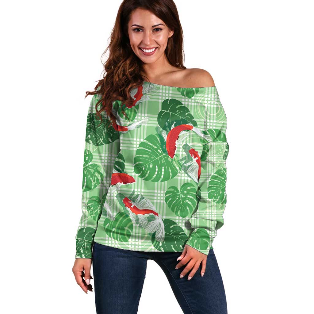 Lime Palaka Hawaii Aloha Off Shoulder Sweater Koi Pond Mix Monstera - Polynesian Pride