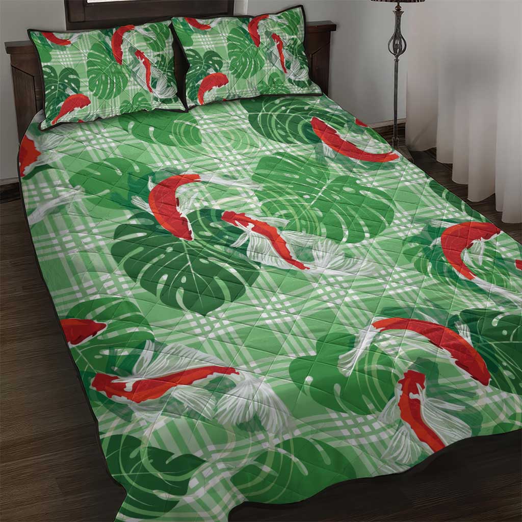 Lime Palaka Hawaii Aloha Quilt Bed Set Koi Pond Mix Monstera - Polynesian Pride