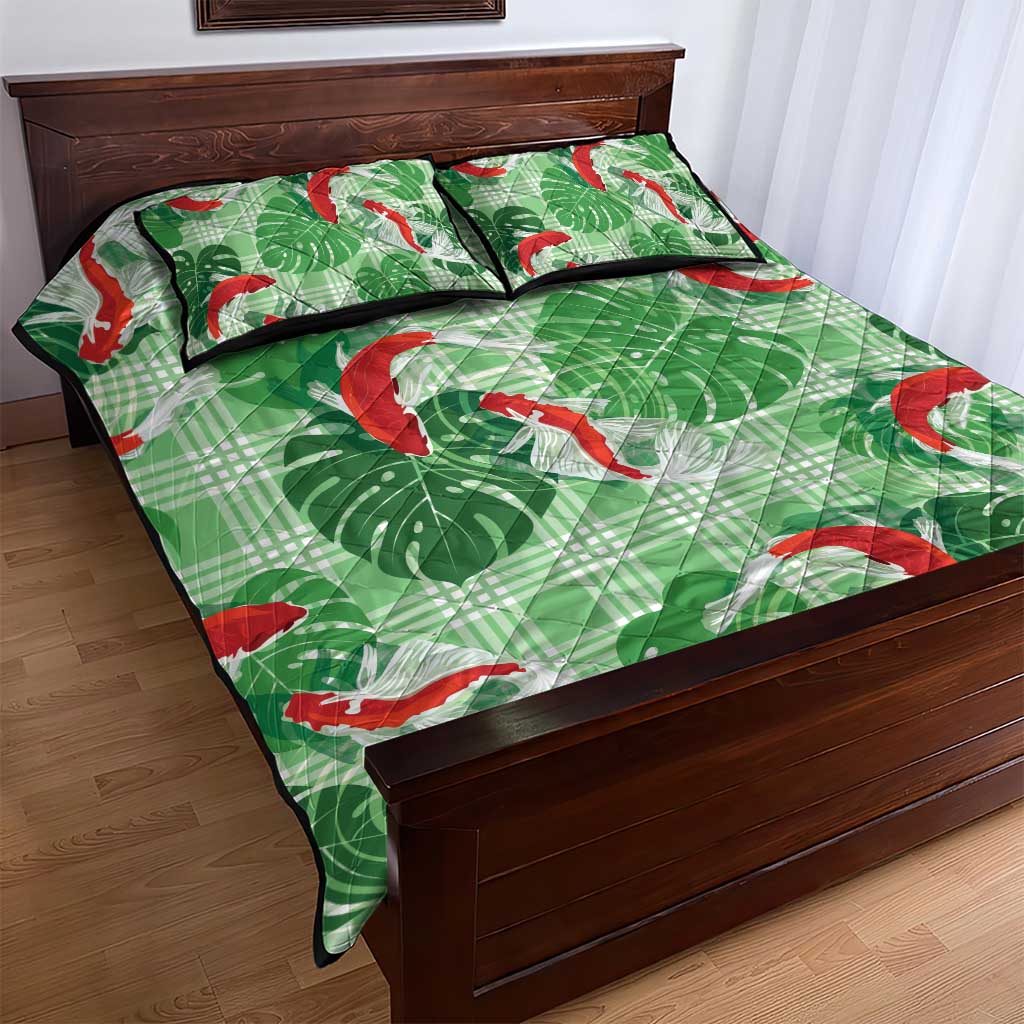 Lime Palaka Hawaii Aloha Quilt Bed Set Koi Pond Mix Monstera - Polynesian Pride