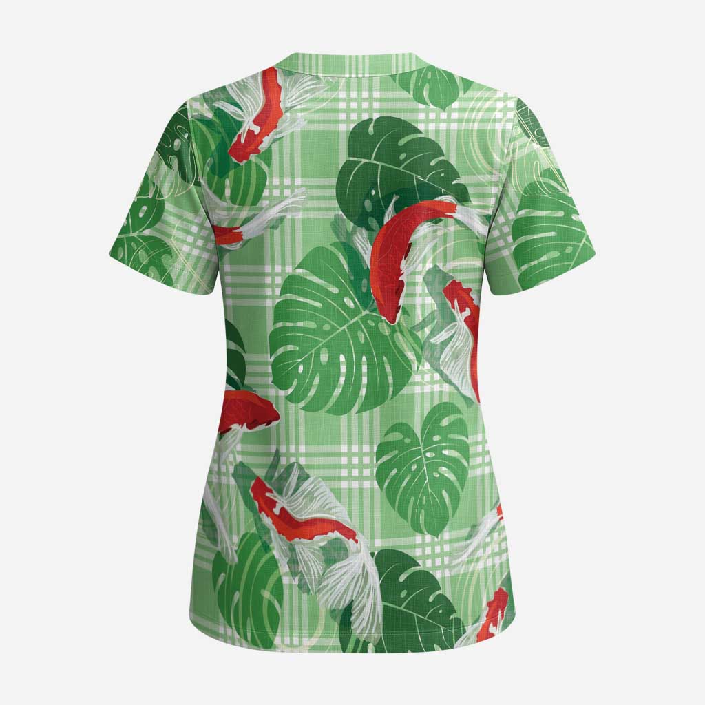 Lime Palaka Hawaii Aloha Scrub Top Koi Pond Mix Monstera - Polynesian Pride