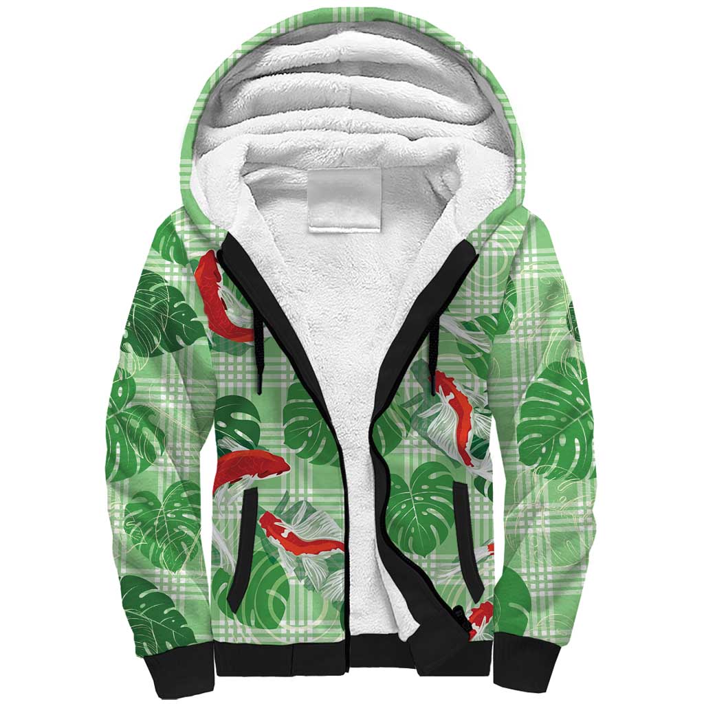 Lime Palaka Hawaii Aloha Sherpa Hoodie Koi Pond Mix Monstera - Polynesian Pride