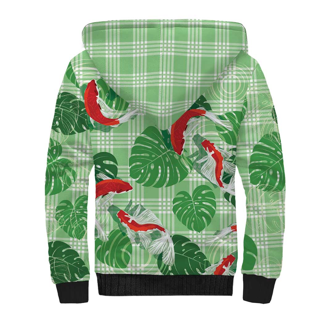 Lime Palaka Hawaii Aloha Sherpa Hoodie Koi Pond Mix Monstera - Polynesian Pride