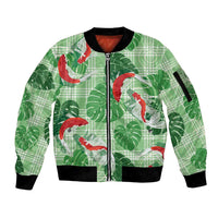 Lime Palaka Hawaii Aloha Sleeve Zip Bomber Jacket Koi Pond Mix Monstera - Polynesian Pride