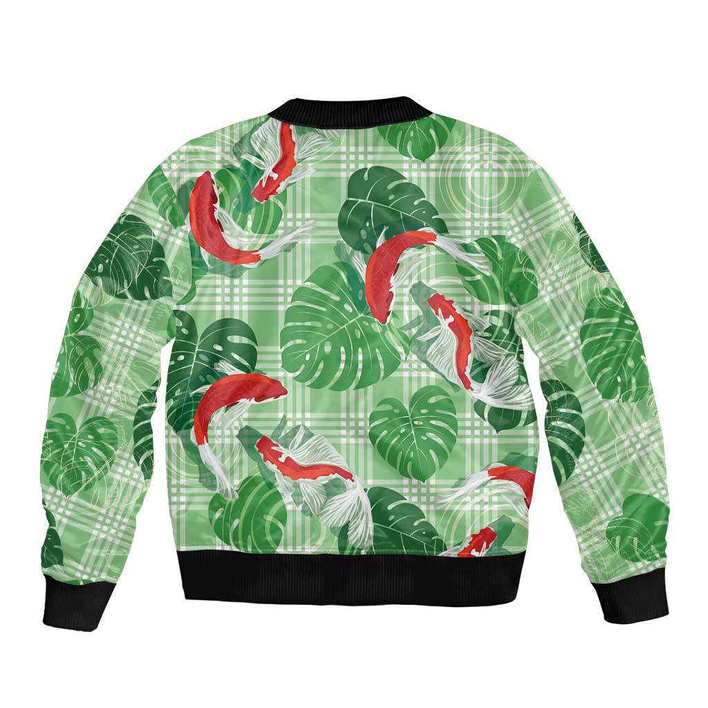 Lime Palaka Hawaii Aloha Sleeve Zip Bomber Jacket Koi Pond Mix Monstera - Polynesian Pride