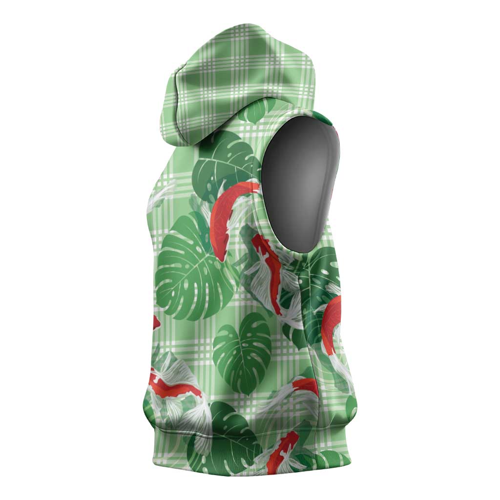 Lime Palaka Hawaii Aloha Sleeveless Hoodie Koi Pond Mix Monstera - Polynesian Pride